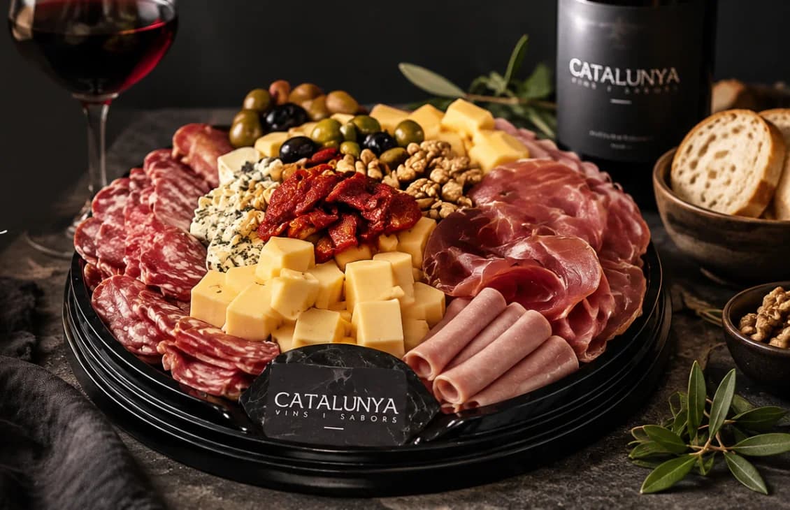 Picada de fiambres y quesos de Catalunya con copa de vino