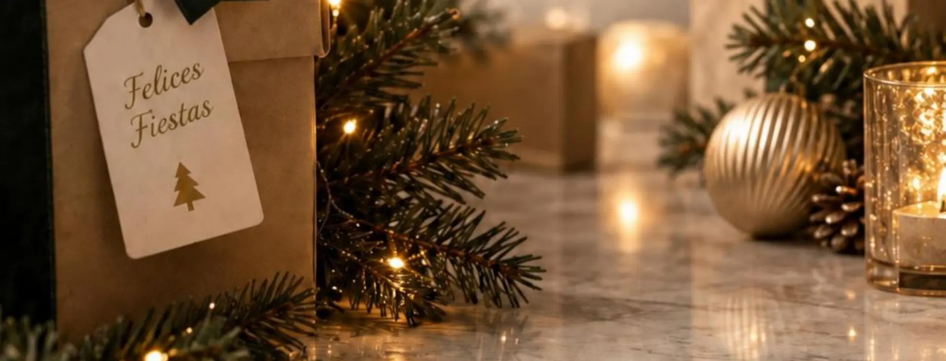Caja de regalo con moño verde, tarjeta Felices Fiestas, ramas de pino y luces navideñas